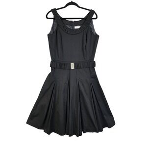 Calvin Klein Womens Pleated‎ Fit Flare Dress Size 12 Black Belted High Neck